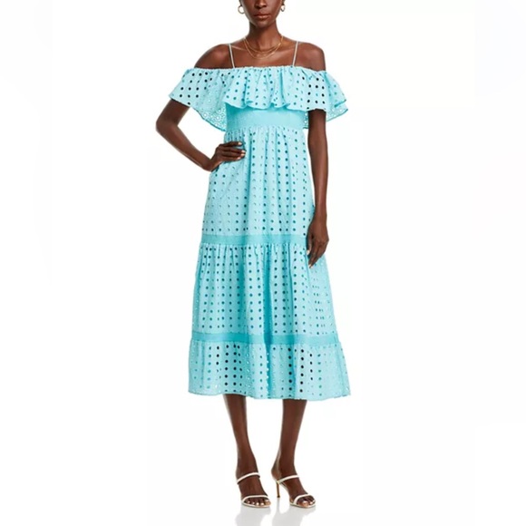 Tahari Dresses & Skirts - T Tahari Eyelet Midi Dress Blue Off-Shoulder Smocked Bodice Tiered NWT Sz XS